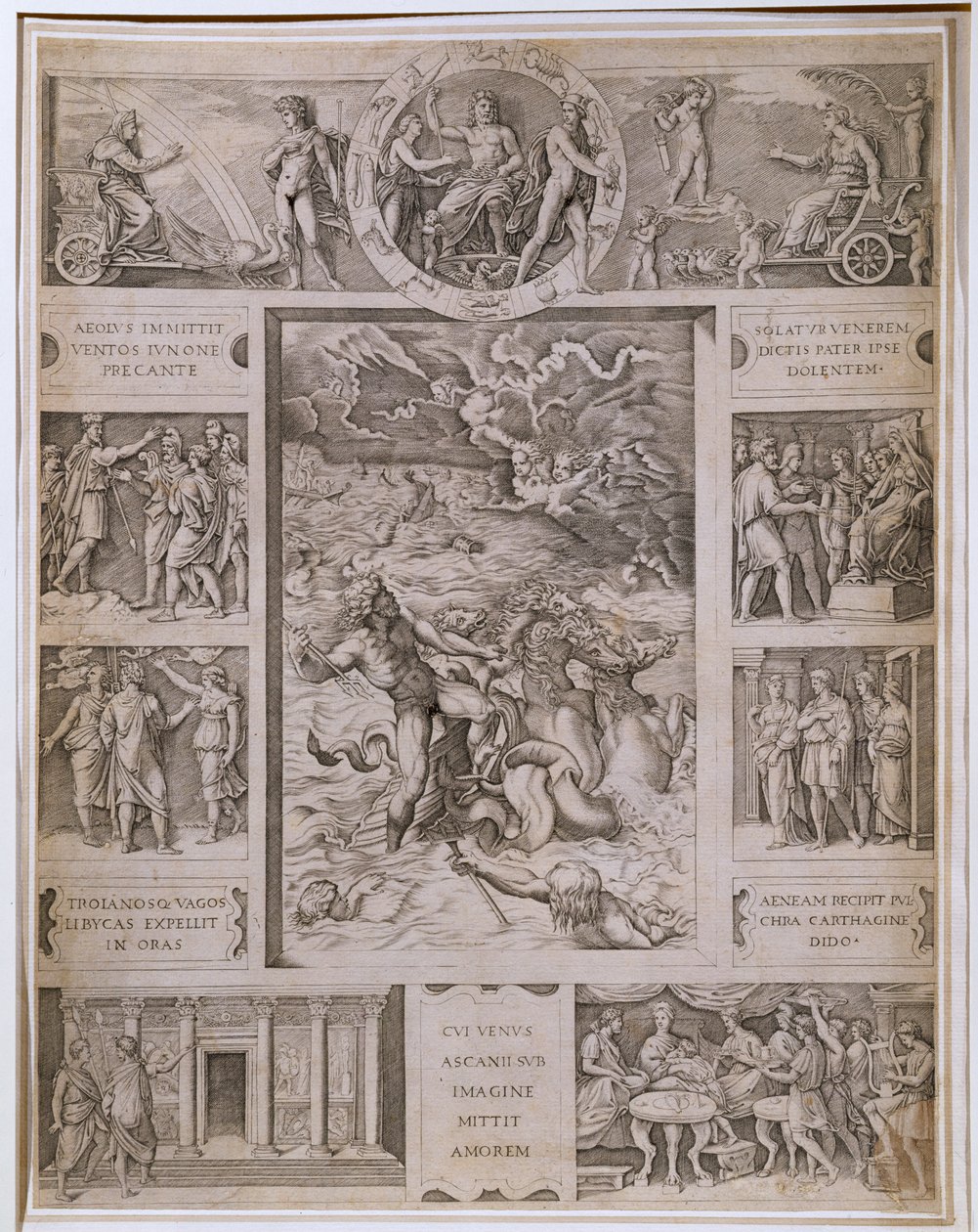 Quos Ego, Neptunus kalmeert de storm, met randen die verdere scènes uit Vergilius