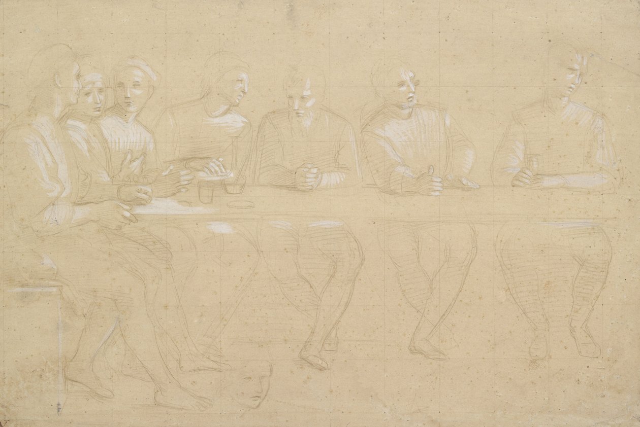Recto: Deelstudie voor een compositie van het Laatste Avondmaal. Verso: een vrouwenhoofd door Raffaello Sanzio Raphael