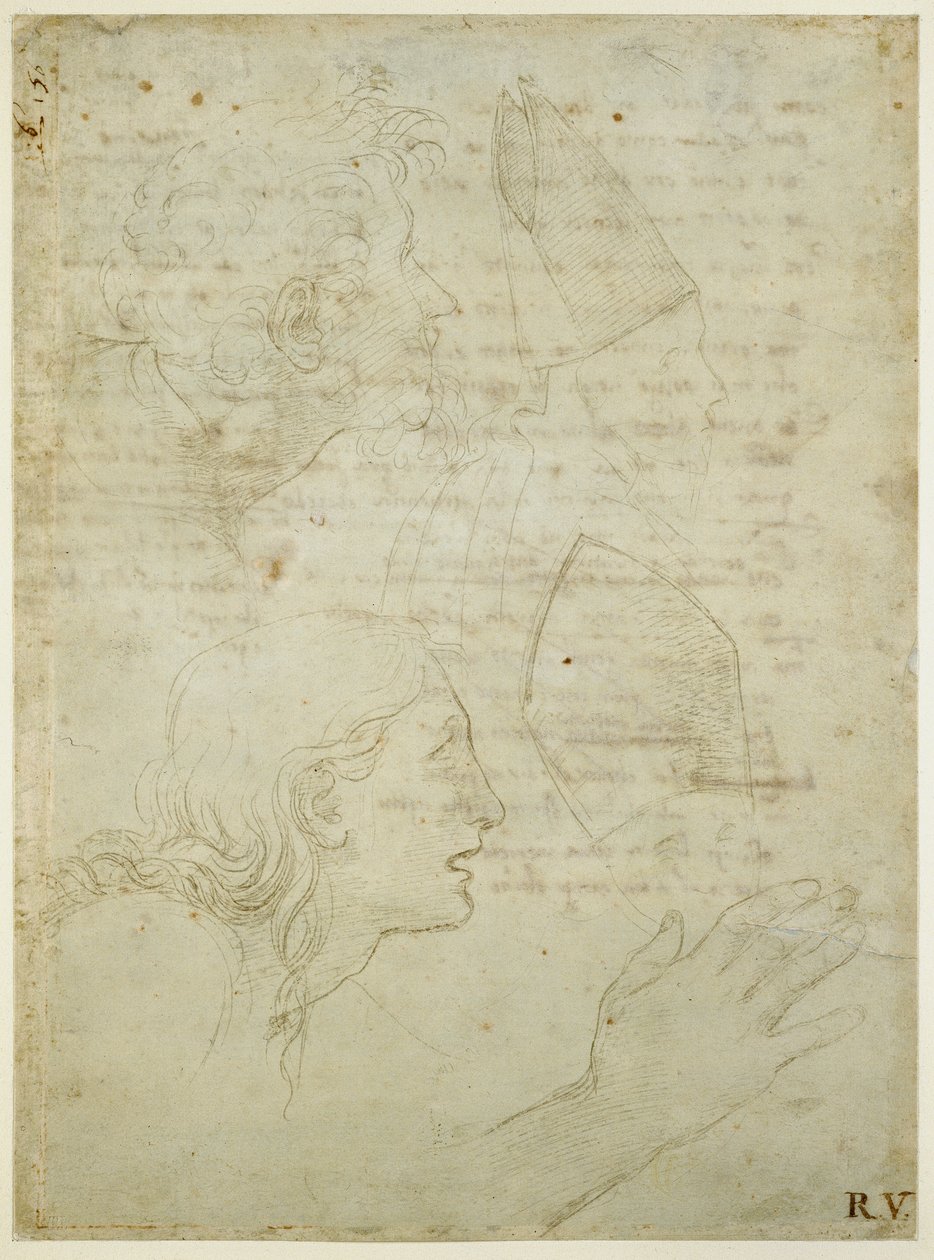Recto: Studies van een Hoofd en een Hand. Verso: Ruwe schets van de sonnetten "Come non podde dir" en "Amor tu m"envesscati", WA1846.187 door Raffaello Sanzio Raphael