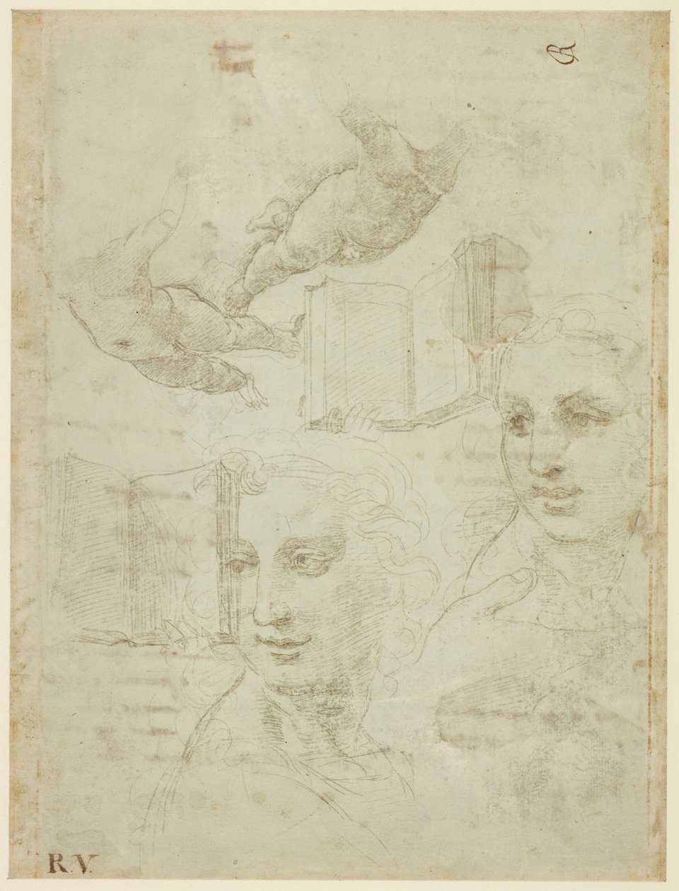 Recto: Twee hoofden en andere studies. Verso: Ruwe schets van het sonnet "Come non podde dir" door Raffaello Sanzio Raphael