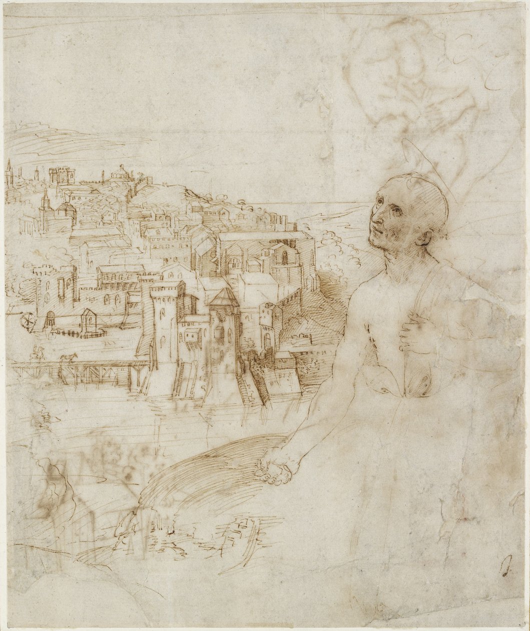 Recto: Uitzicht op de stad Perugia, met de Boetvaardige Sint Hiëronymus op de voorgrond door Raffaello Sanzio Raphael