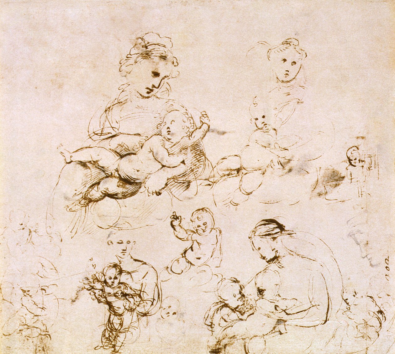 Verschillende studies van een Madonna en Kind (pen en inkt) door Raffaello Sanzio Raphael