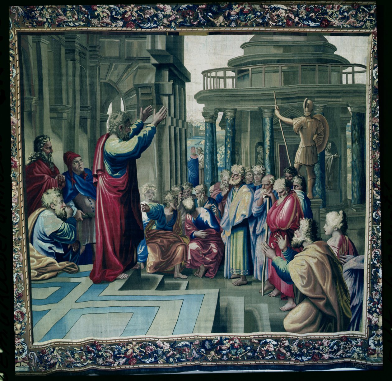 St. Paul predikt op de Areopagus, uit een serie die de Handelingen van de Apostelen afbeeldt, geweven in de Beauvais Werkplaats onder leiding van Philippe Behagle door Raffaello Sanzio Raphael