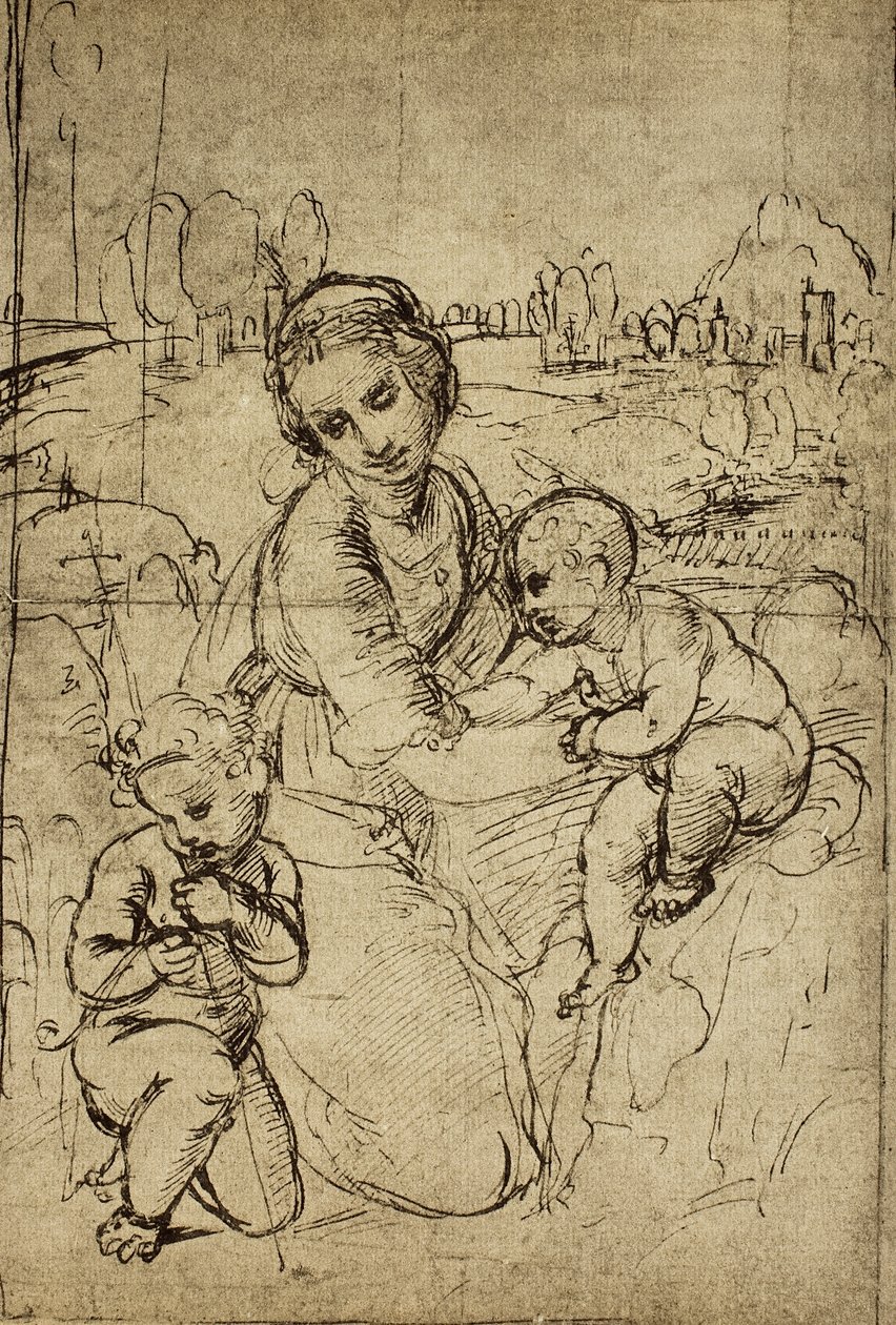 Madonna en kind en Sint Jan (kind), tekening door Raphael. Gabinetto dei Disegni e Stampe, Uffizi Gallery, Florence door Raffaello Sanzio Raphael