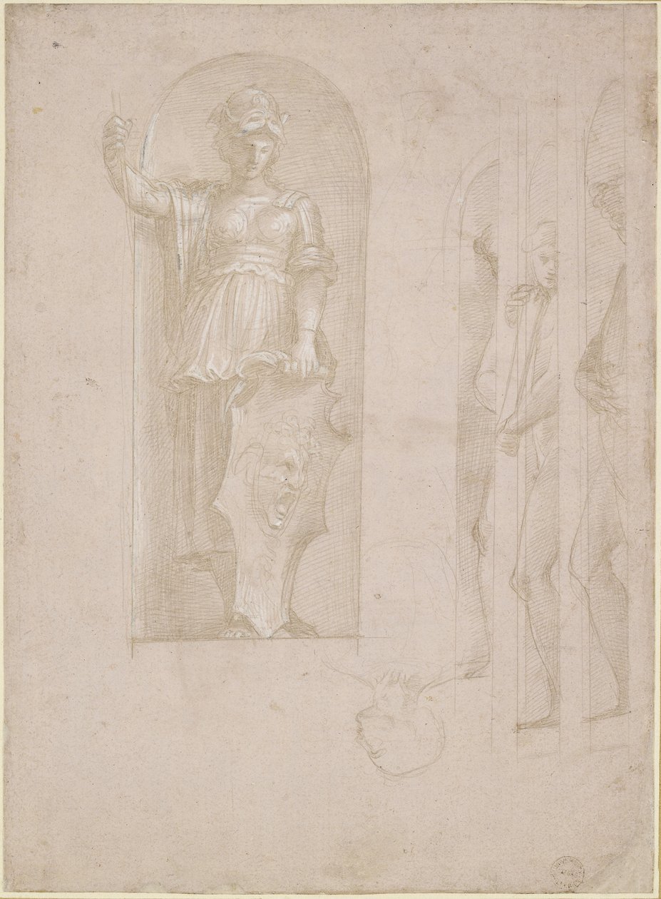 Studies voor een figuur van Minerva en andere beelden (Studie voor de School van Athene), WA1846.192 door Raffaello Sanzio Raphael