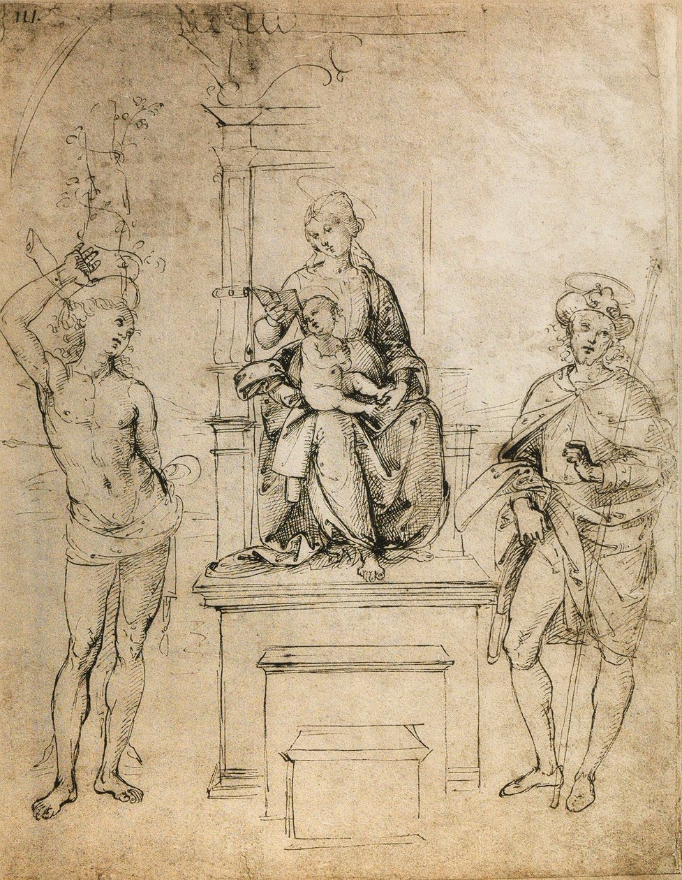 De Maagd, het Kind Jezus, St. Sebastiaan en St. Rocco door Raffaello Sanzio Raphael