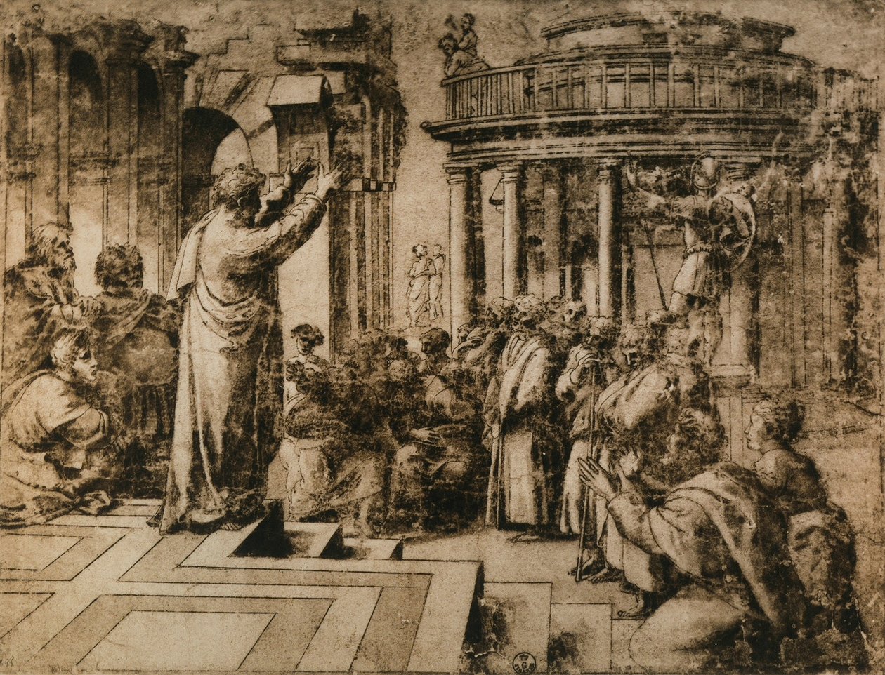 St. Paulus predikend in Athene; tekening uit de school van Raphael. Gabinetto dei Disegni e delle Stampe, Uffizi, Florence door School of Raphael