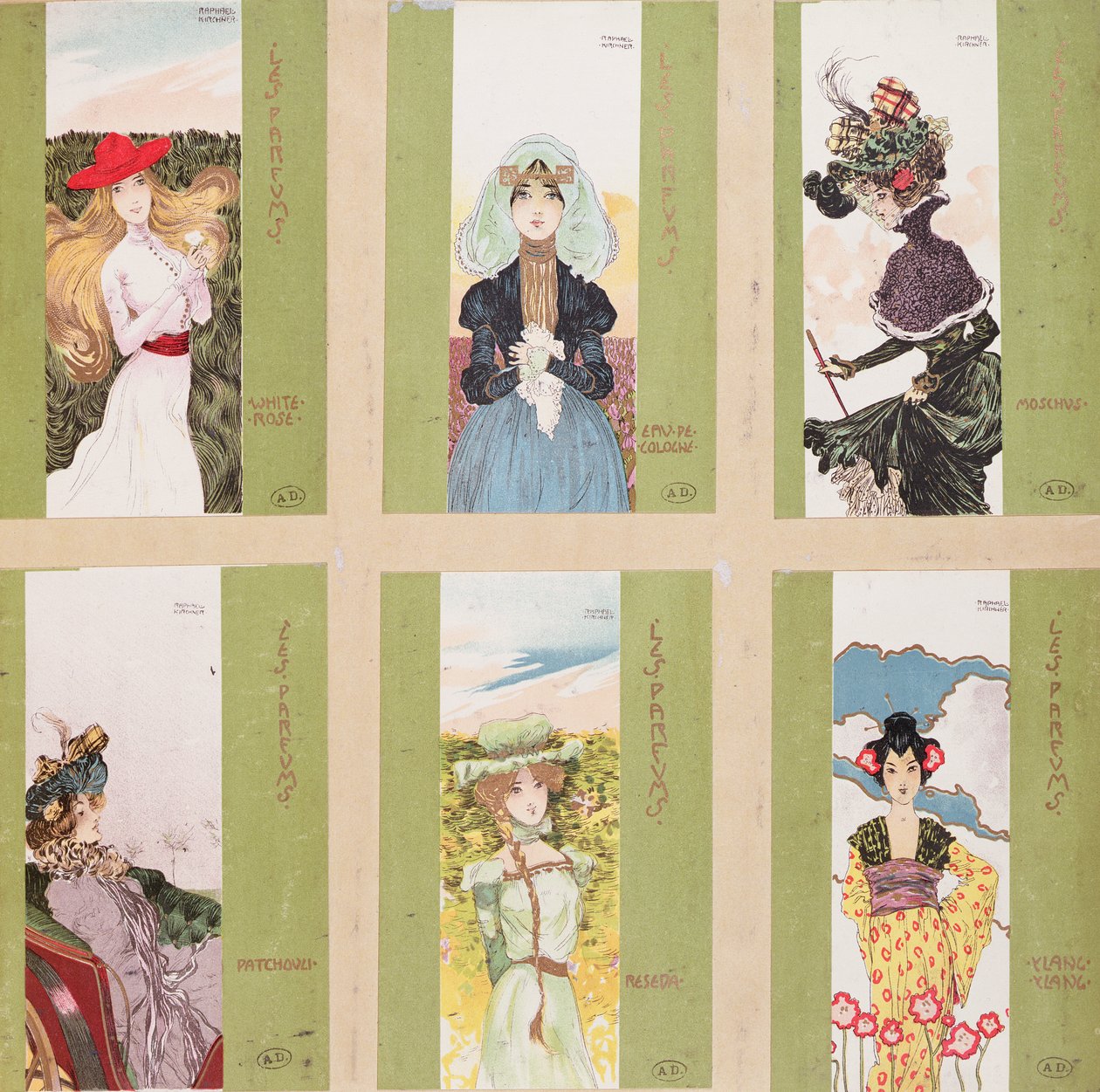 Selectie van ansichtkaarten met allegorische voorstellingen van parfums door Raphael Kirchner