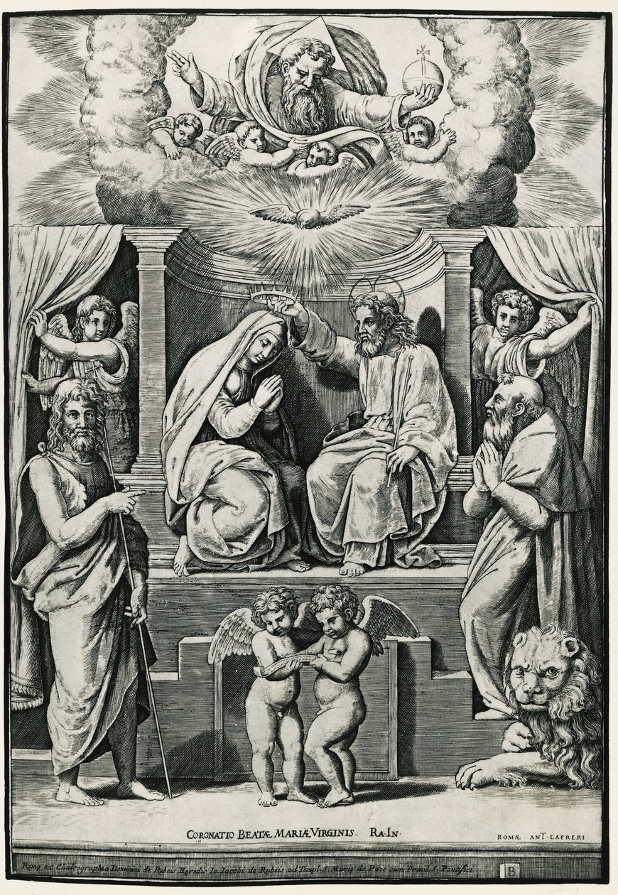 Kroning van de Maagd in aanwezigheid van Sint-Jan de Doper en Sint-Hieronymus door Raphael (1483 1520) (after)