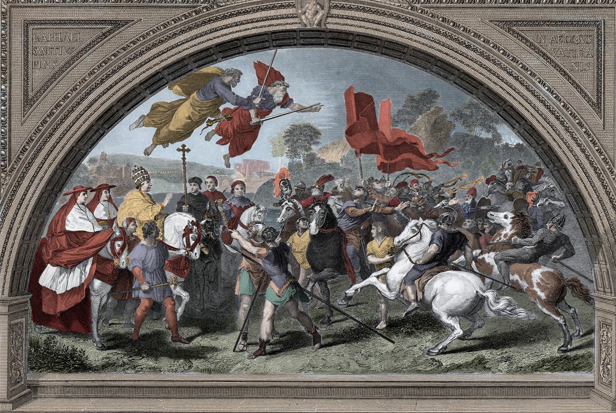 Voorstelling van paus Leo I de Grote (390-461) tegen de leider van de Hunnen Attila (ca. 395-453) in 452 in Mantua - Barbarse invasies - (Paus Leo I de Grote ontmoet de Hunnenkoning Attila in 452) (naar Raphael) door after Raphael