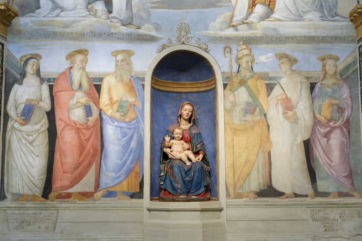 Drie-eenheid, benedictijnen en camaldolesi-heiligen door Raphael (1483 1520)