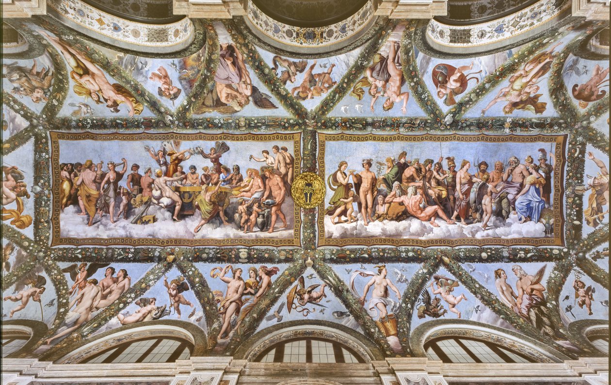 Uitzicht op de gewelven van de Loggia van Cupido en Psyche door Raphael