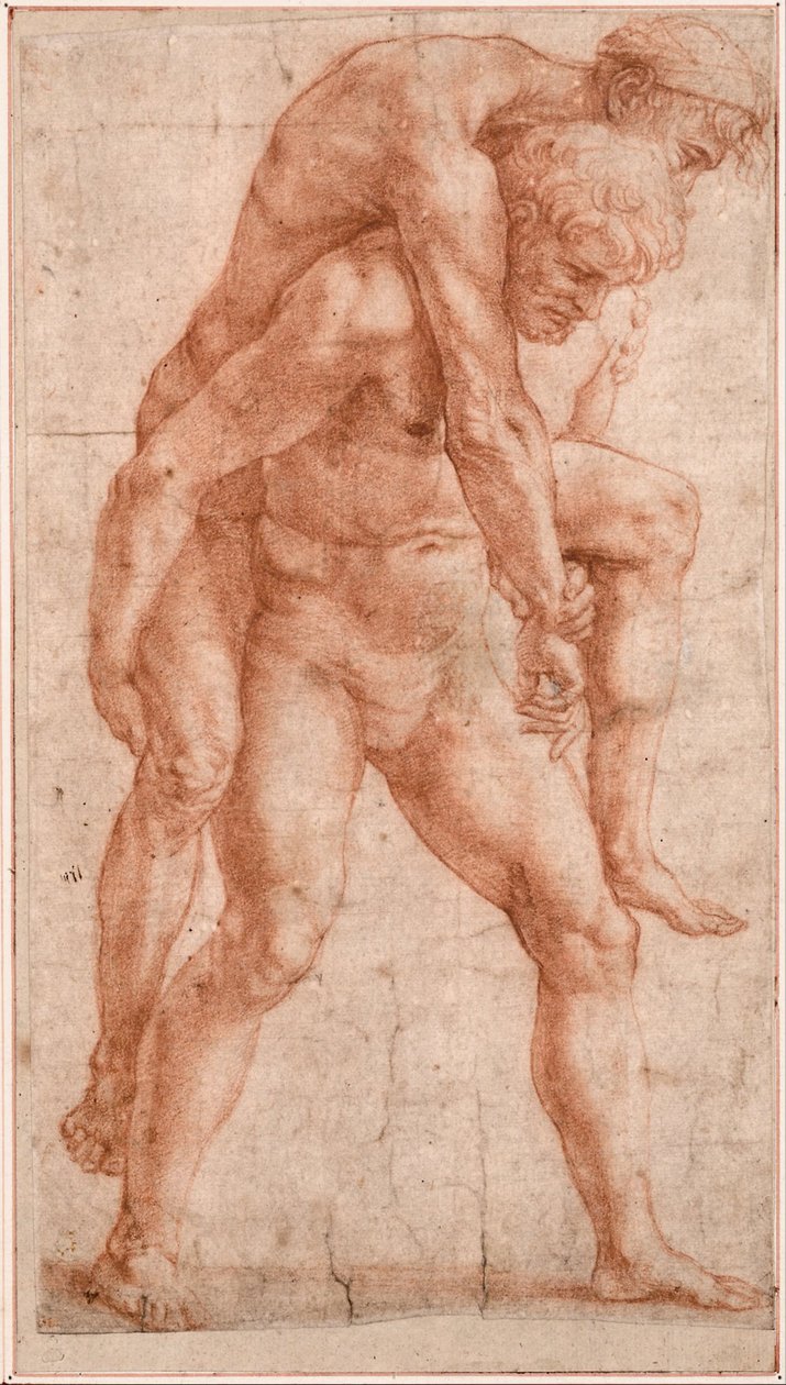 Jonge man die een oude man op zijn rug draagt (Aeneas en Anchises) (sanguine op papier) door Raphael (1483 1520)