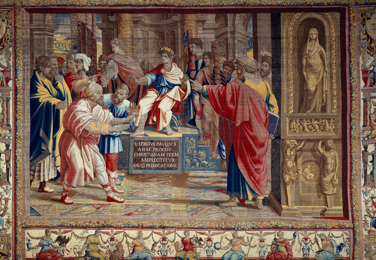 Het leven van de apostelen Petrus en Paulus: de straf van Barjesu (Elymas) Joodse magiër die Paulus tegenwerkte en tijdelijk blind was. De scène speelt zich af voor de Romeinse proconsul Lucius Sergius Paulus en Sint Barnaba. door after Raphael