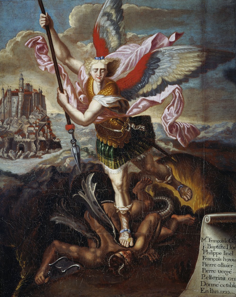 St. Michael en de Duivel, door Raphael Sanzio, ex-voto van zes pelgrims op pelgrimstocht naar Mont Saint-Michel door Raphael (1483 1520) (after)