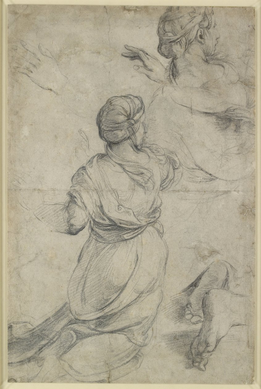 Recto: Studies voor twee knielende vrouwen, WA1846.198 (zwarte krijt) door Raphael