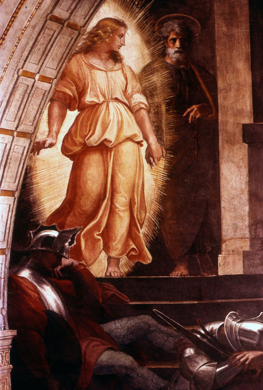 De Bevrijding van Sint Petrus (detail) uit een fresco van de Italiaanse Hoogrenaissance kunstenaar Raphael door Raphael (1483 1520)