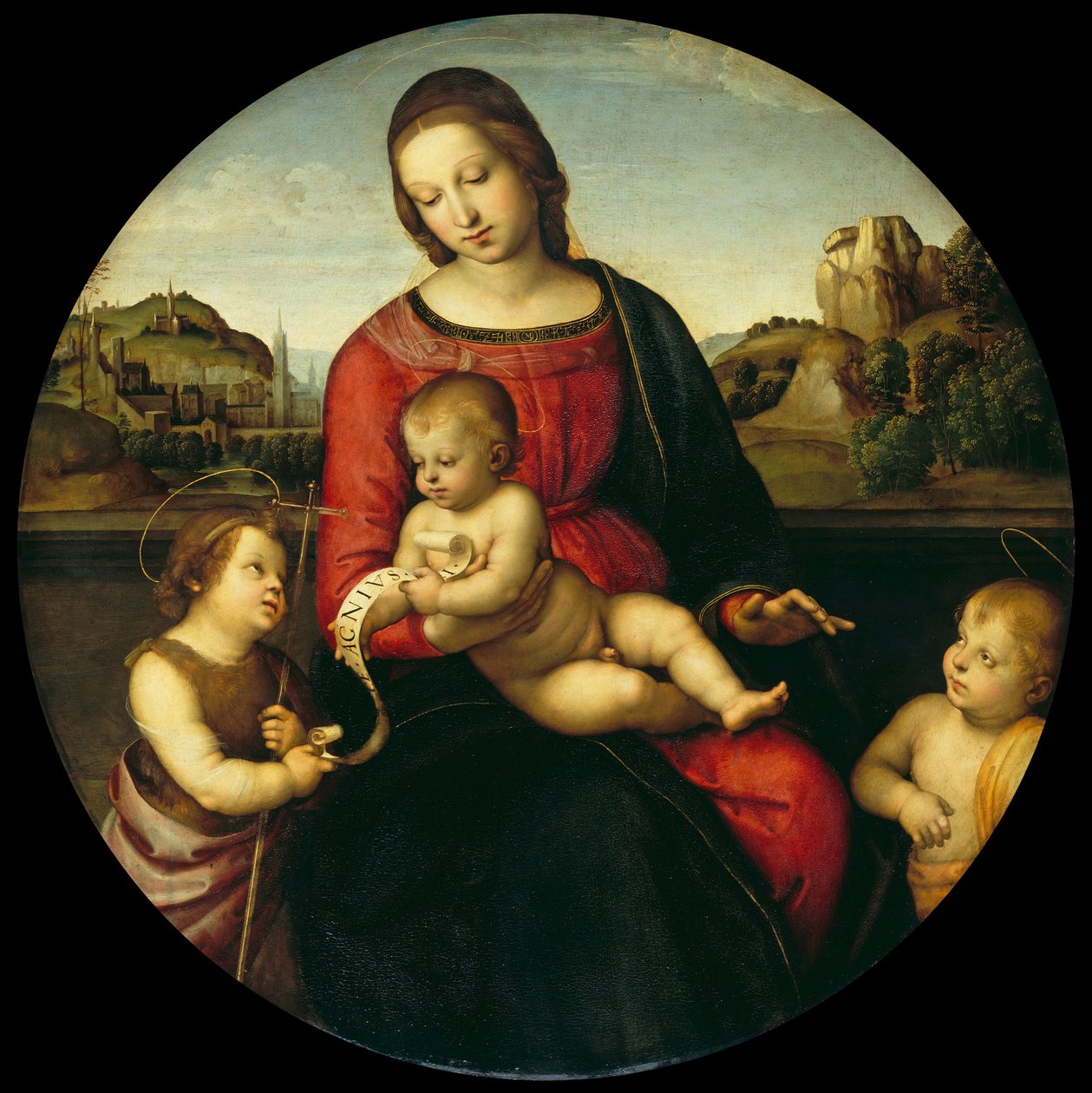 Maria met het kind, Johannes de Doper en een heilige jongen Madonna Terranuova, ca. 1505 door Raffaello Sanzio Raphael
