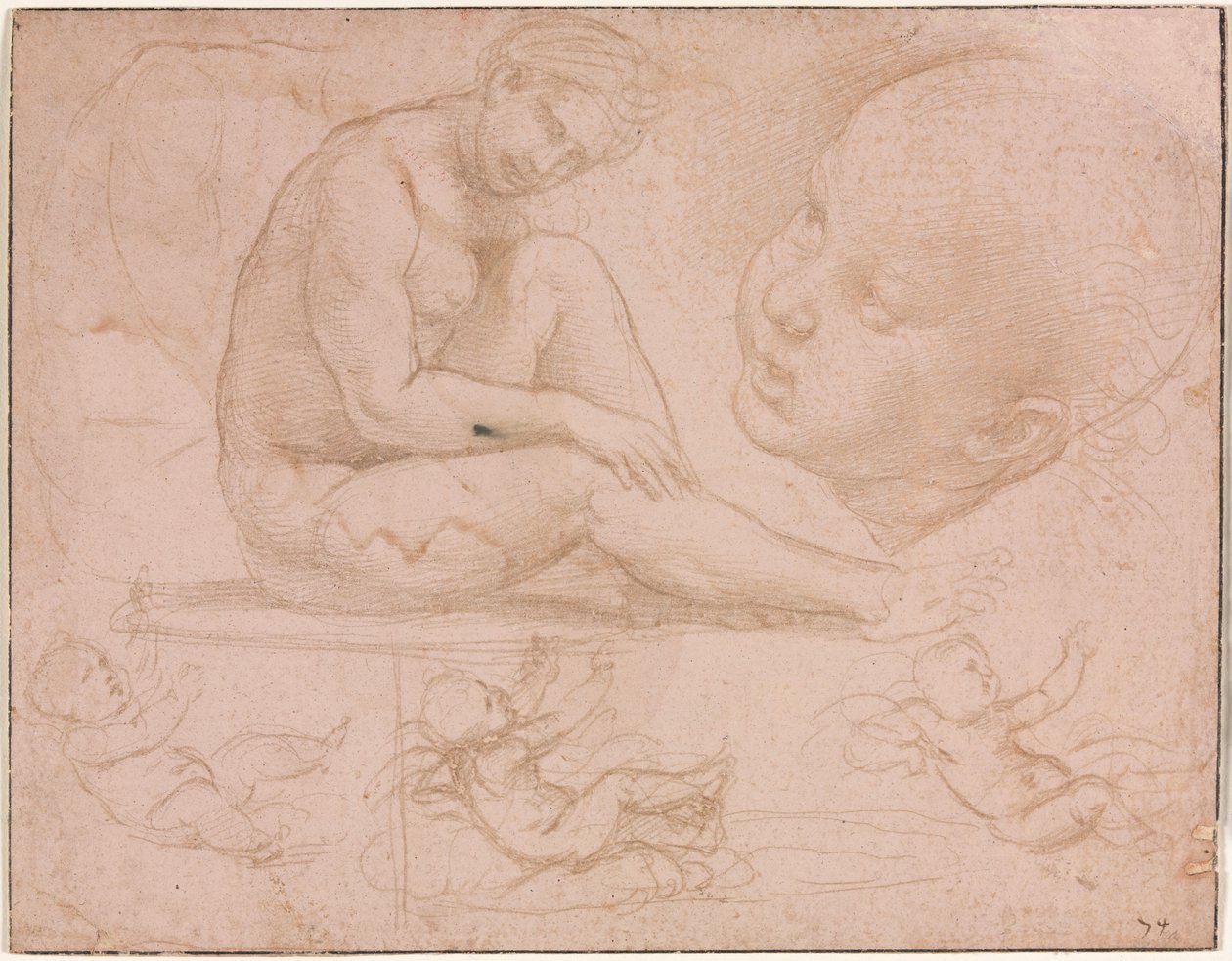 Studies van een Zittende Vrouw, Kinderhoofd en Drie Studies van een Baby door Raphael