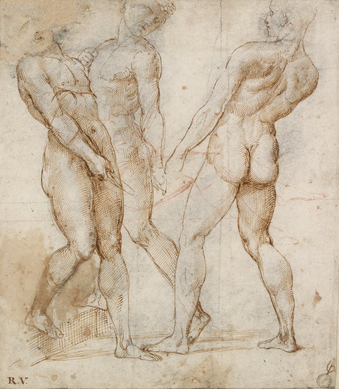 Drie naakte dragers Studie voor de graflegging, begin 16e eeuw door Raphael