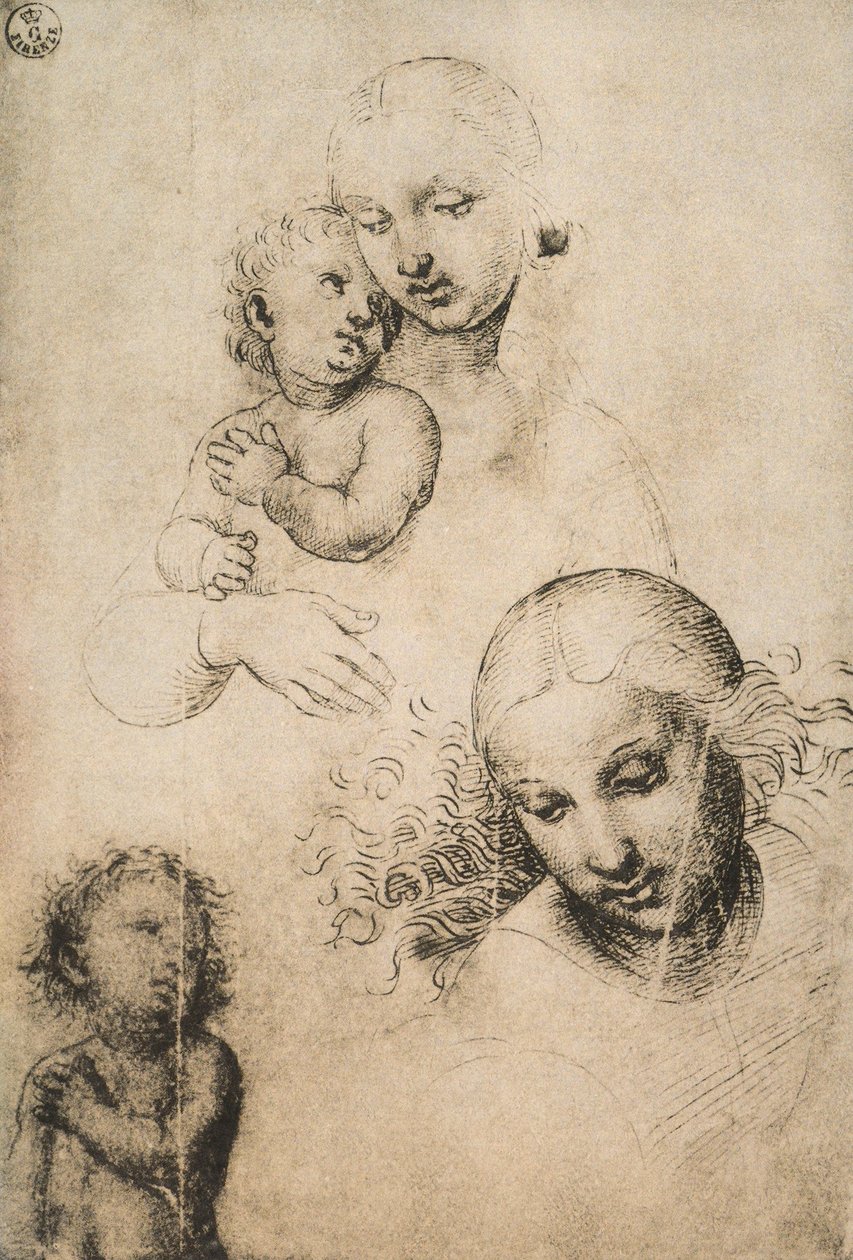 Studie voor een Madonna en Kind, tekening door Raffaello Sanzio. Gabinetto dei Disegni e delle Stampe, Uffizi Gallery, Florence door Raffaello Sanzio Raphael
