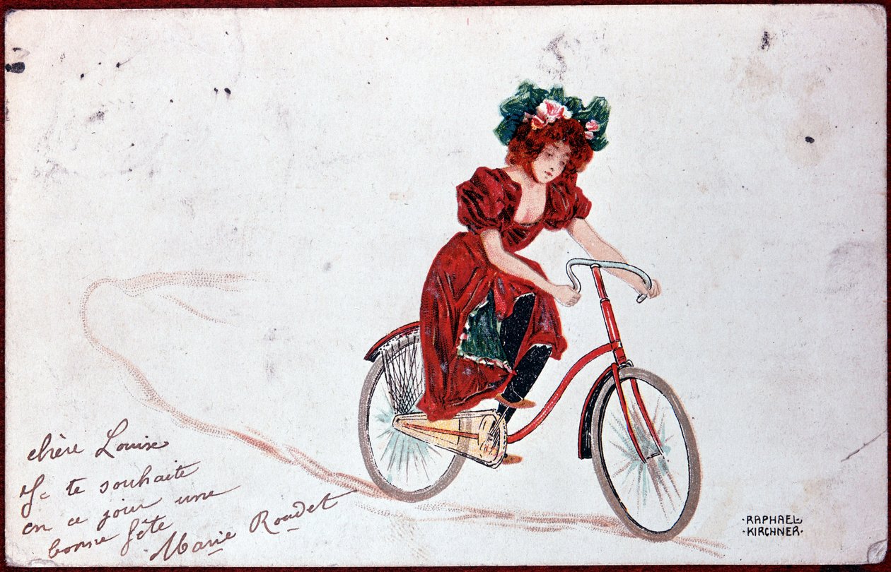 Ansichtkaart van een vrouw op een fiets - illustratie door R. Kirchner, ca. 1900 door Raphael Kirchner