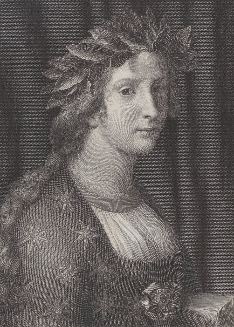 Poëzie, een vrouw met een lauwerkrans door Raphael Morghen