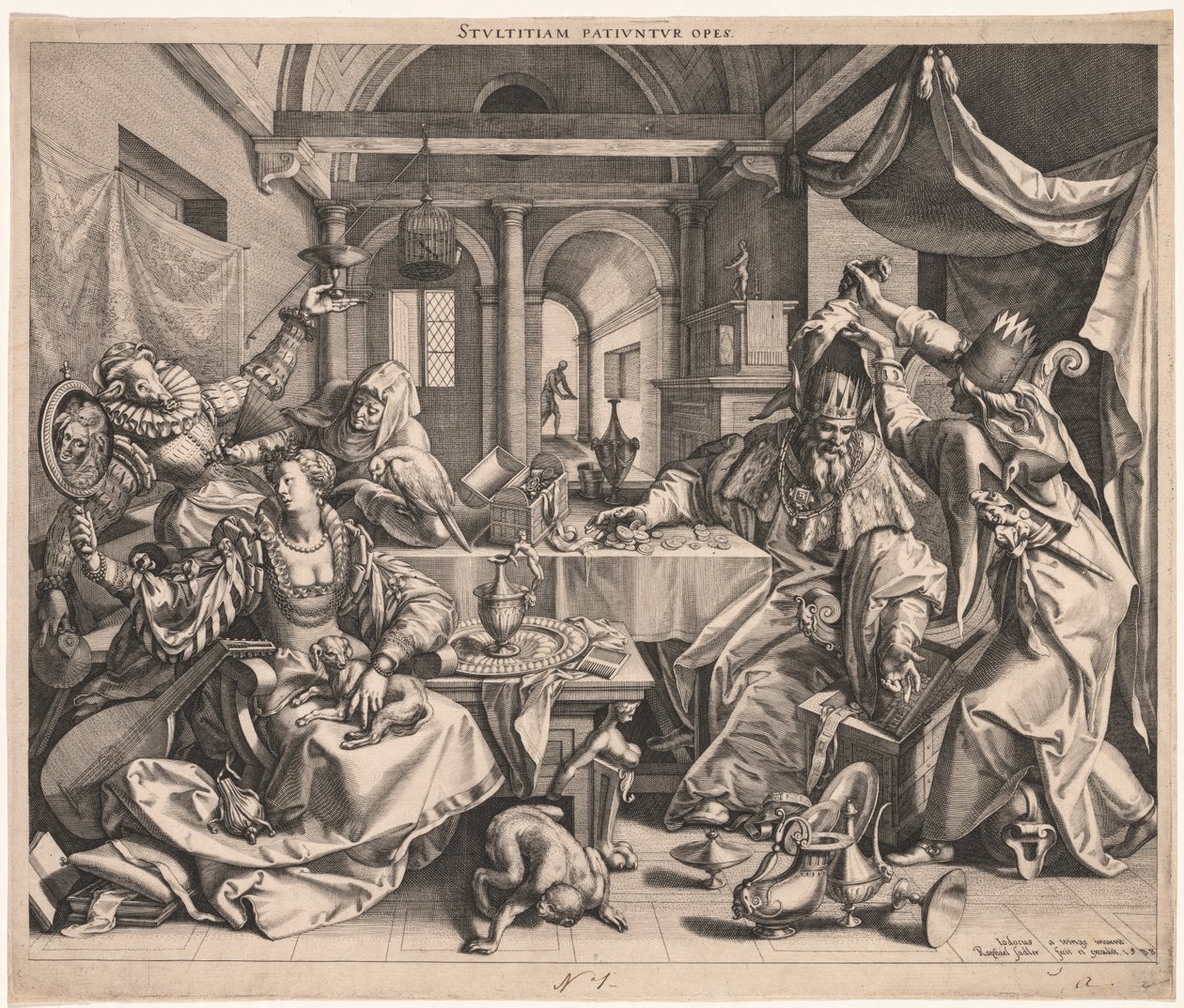 Stultitiam patiuntur opes (Rijkdom staat domheid toe), of, Allegorie van rijkdom, lust en domheid door Raphael Sadeler