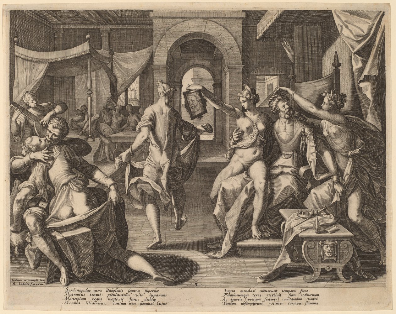 Sardanapalus onder de Bijvrouwen door Raphael Sadeler I after Joos van Winghe