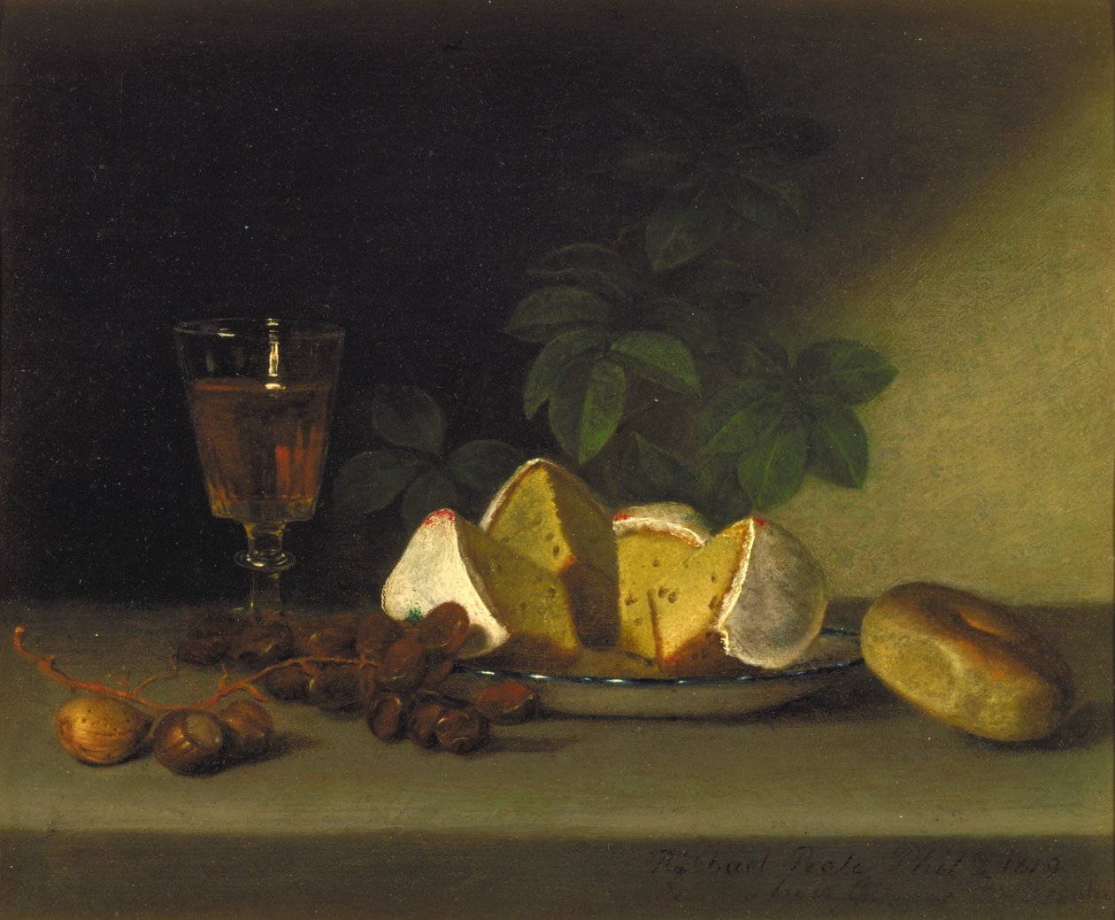 Stilleven met wijn, cake en noten, 1819 door Raphaelle Peale