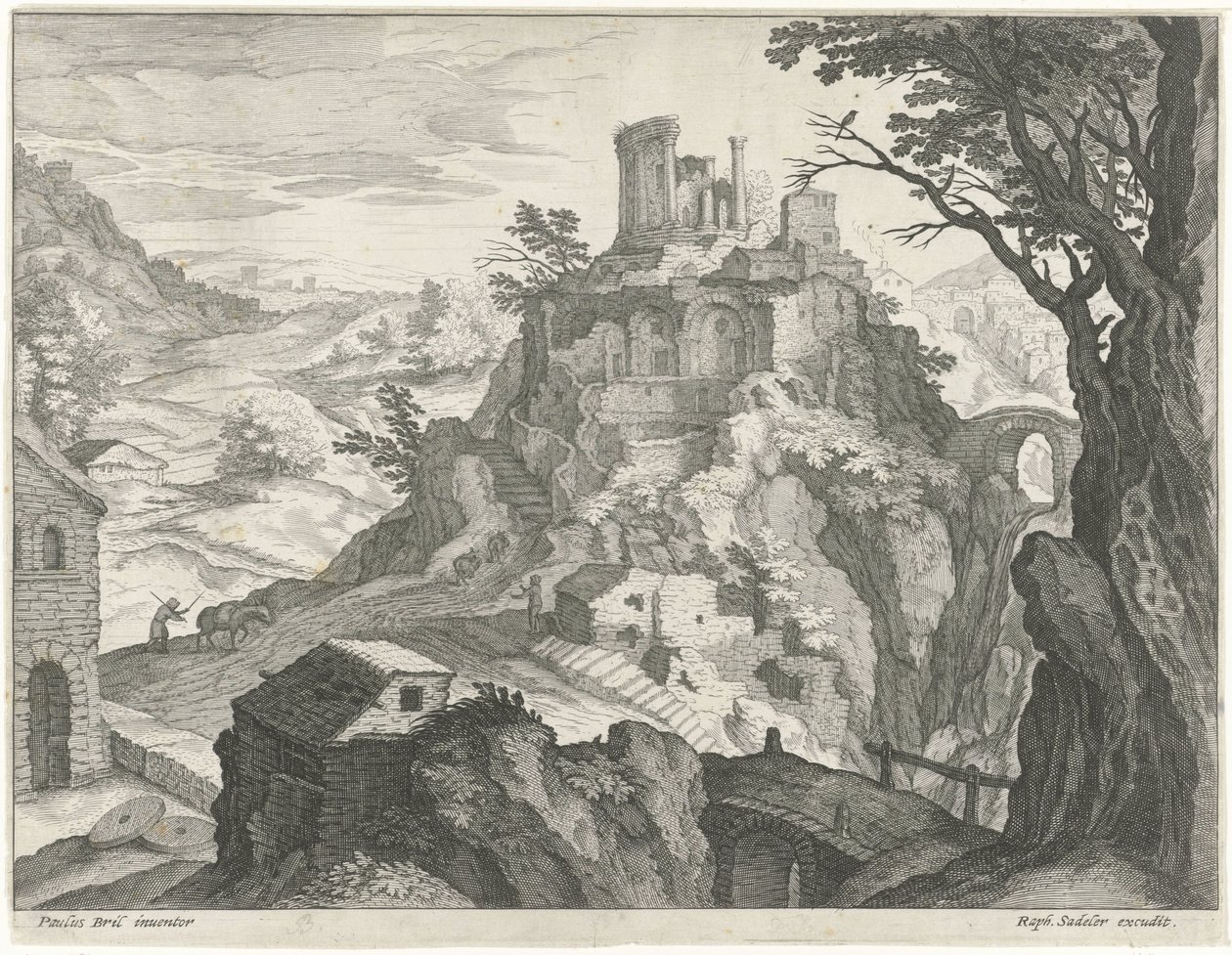 Landschap met de tempel van Vesta te Tivoli door Raphaël Sadeler (I) (attributed to)