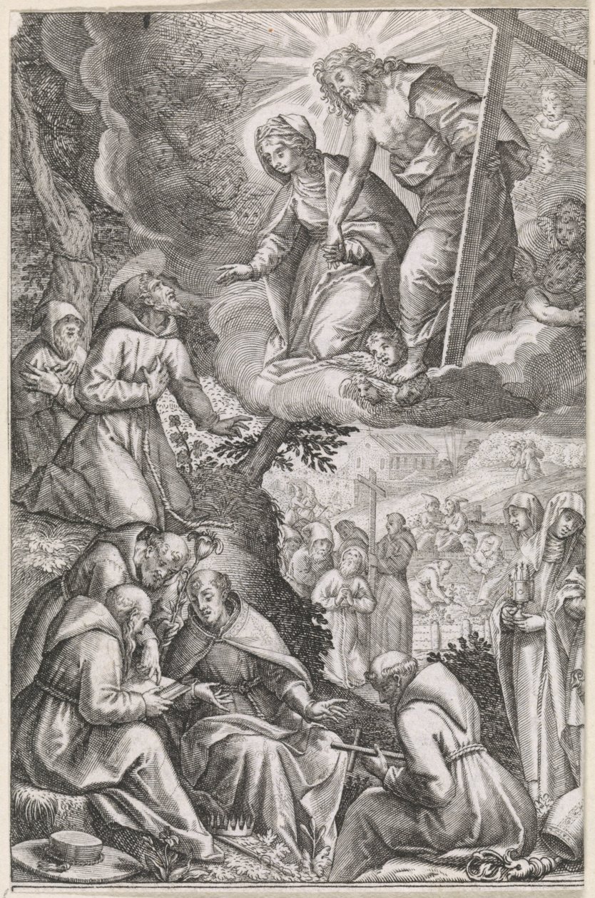 Christus en de maagd Maria verschijnen aan de Heilige Franciscus en zijn orde door Raphaël Sadeler (I)