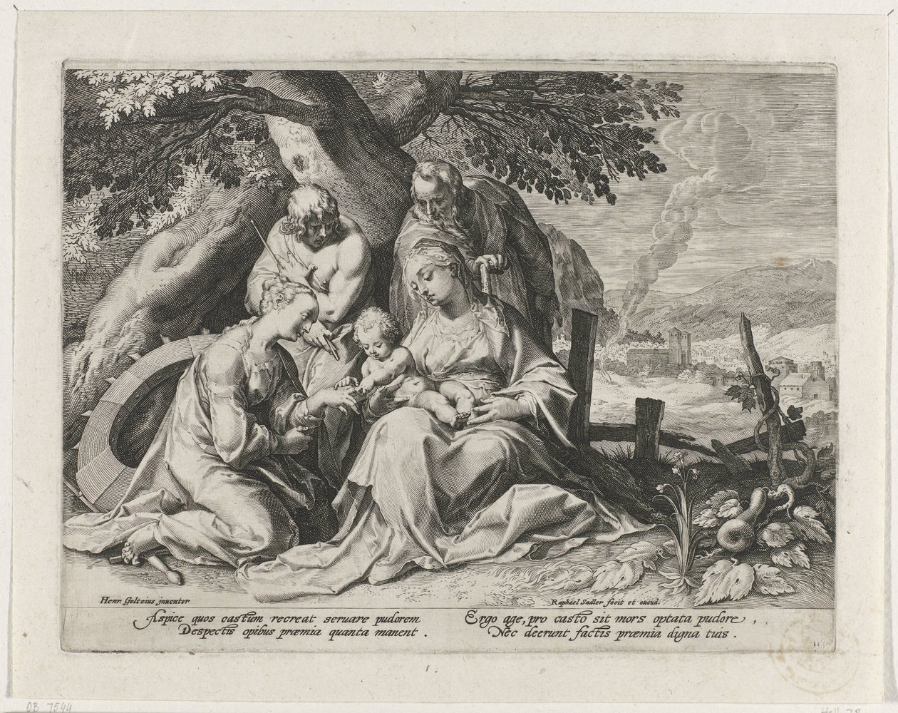 Heilige Familie met Heilige Catharina en Heilige Sebastiaan Mystiek huwelijk van de Heilige Catharina door Raphaël Sadeler (I)