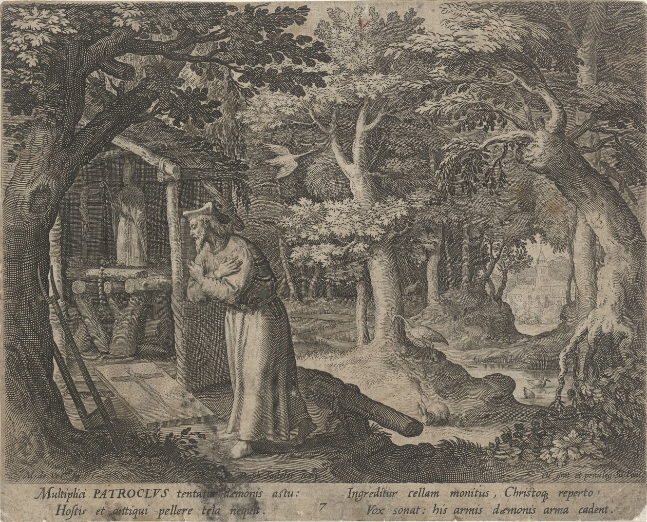 Heilige Patroclus van Néris als kluizenaar, Het deugdzame leven van kluizenaars (serie titel), Trophaeum vitae solitariae (serie titel) door Raphaël Sadeler (I)