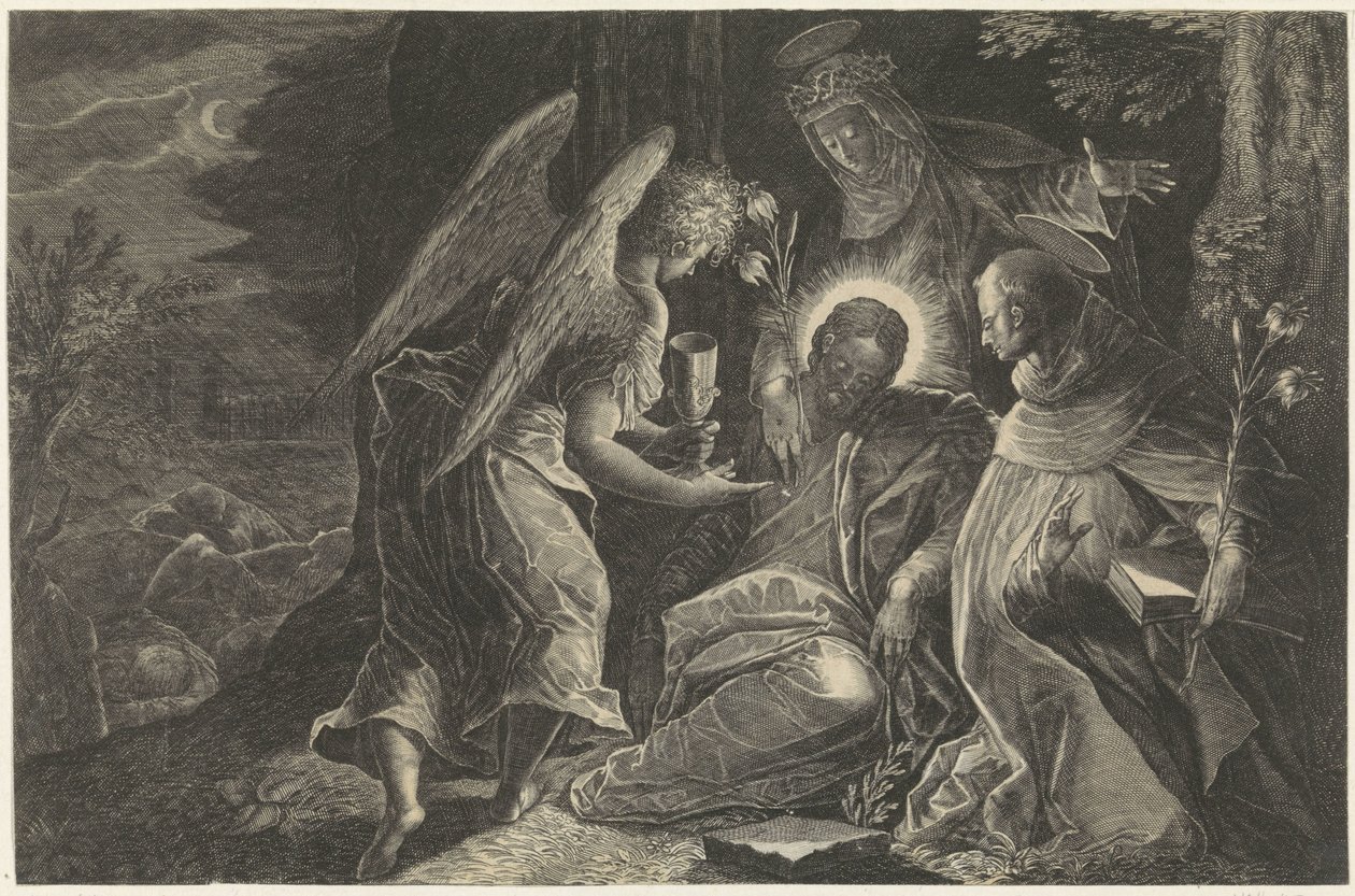 Christus wordt in Getsemane getroost door een engel, de Heilige Dominicus en de Heilige Catharina van Sienna door Raphaël Sadeler (II)