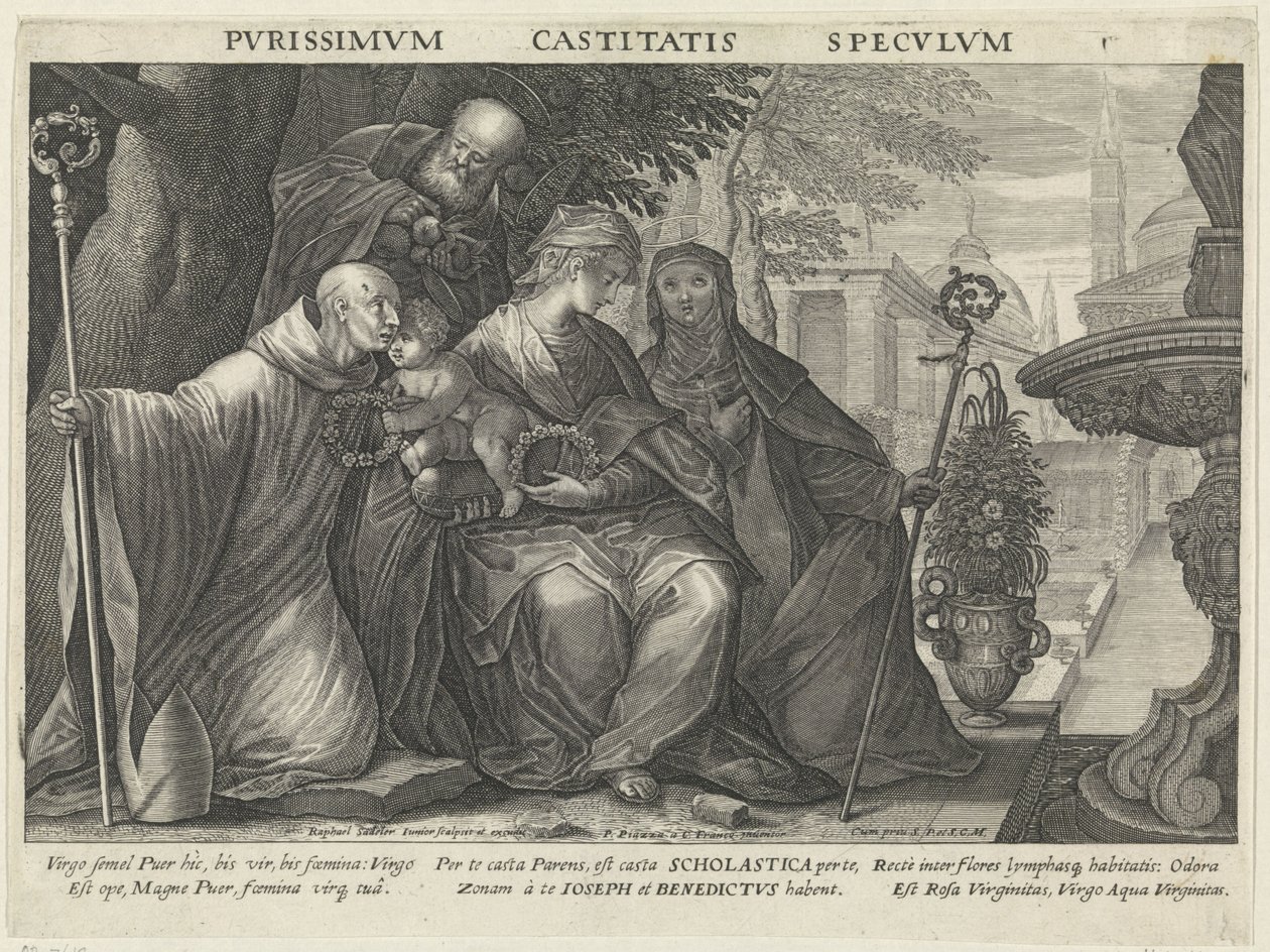 Heilige familie met de Heilige Benedictus en de Heilige Scholastica door Raphaël Sadeler (II)