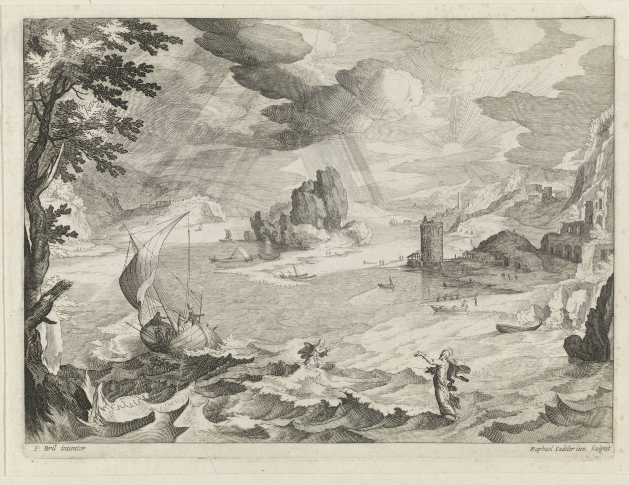 Zeegezicht met Christus en zijn leerlingen in de storm op het meer van Galilea door Raphaël Sadeler (II)