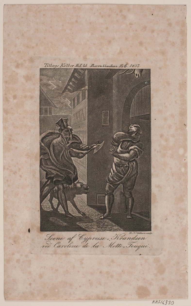 Scène uit Cypresse-Knudsen. Toevoeging kopergravure aan Rosenbladene Nr. 6, 1837 door Rasmus Nicolai Nielsen