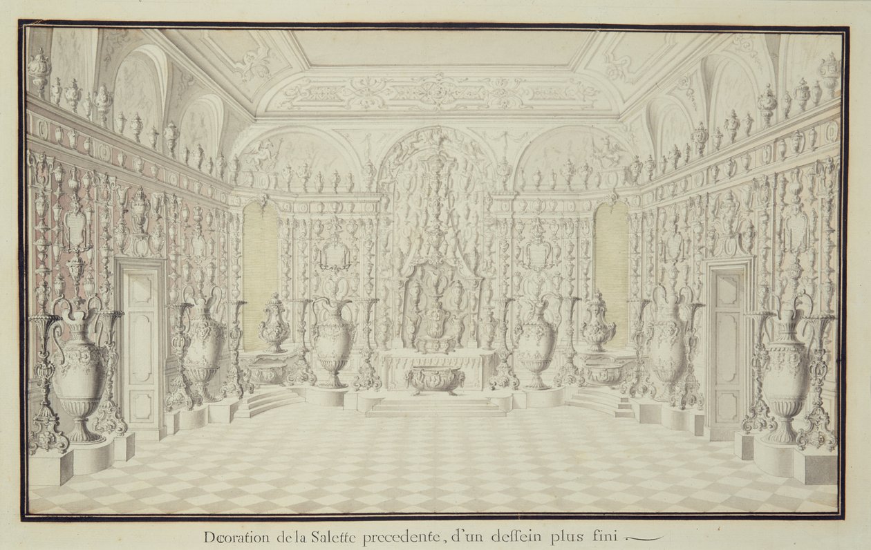 Displaymuur met zilveren en gouden vazen in de Torenkamer van het Paleis van Dresden door Raymond Leplat