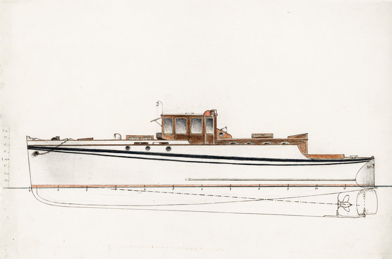 Een motorboot (potlood op papier) door Raymond Bonnefon