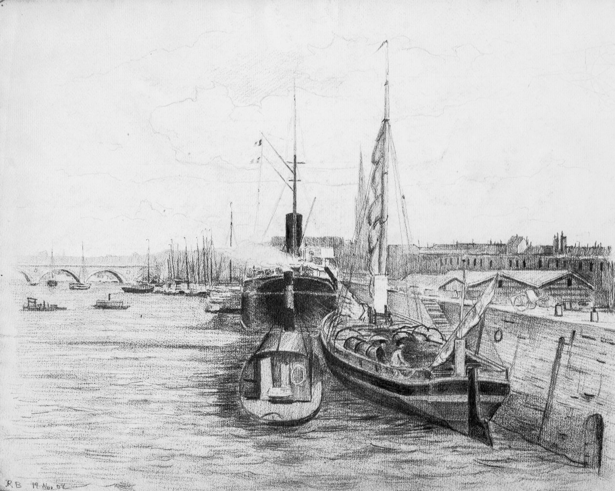 Boten in de haven van Bordeaux, ca 1900 (potlood en houtskool op papier) door Raymond Bonnefon