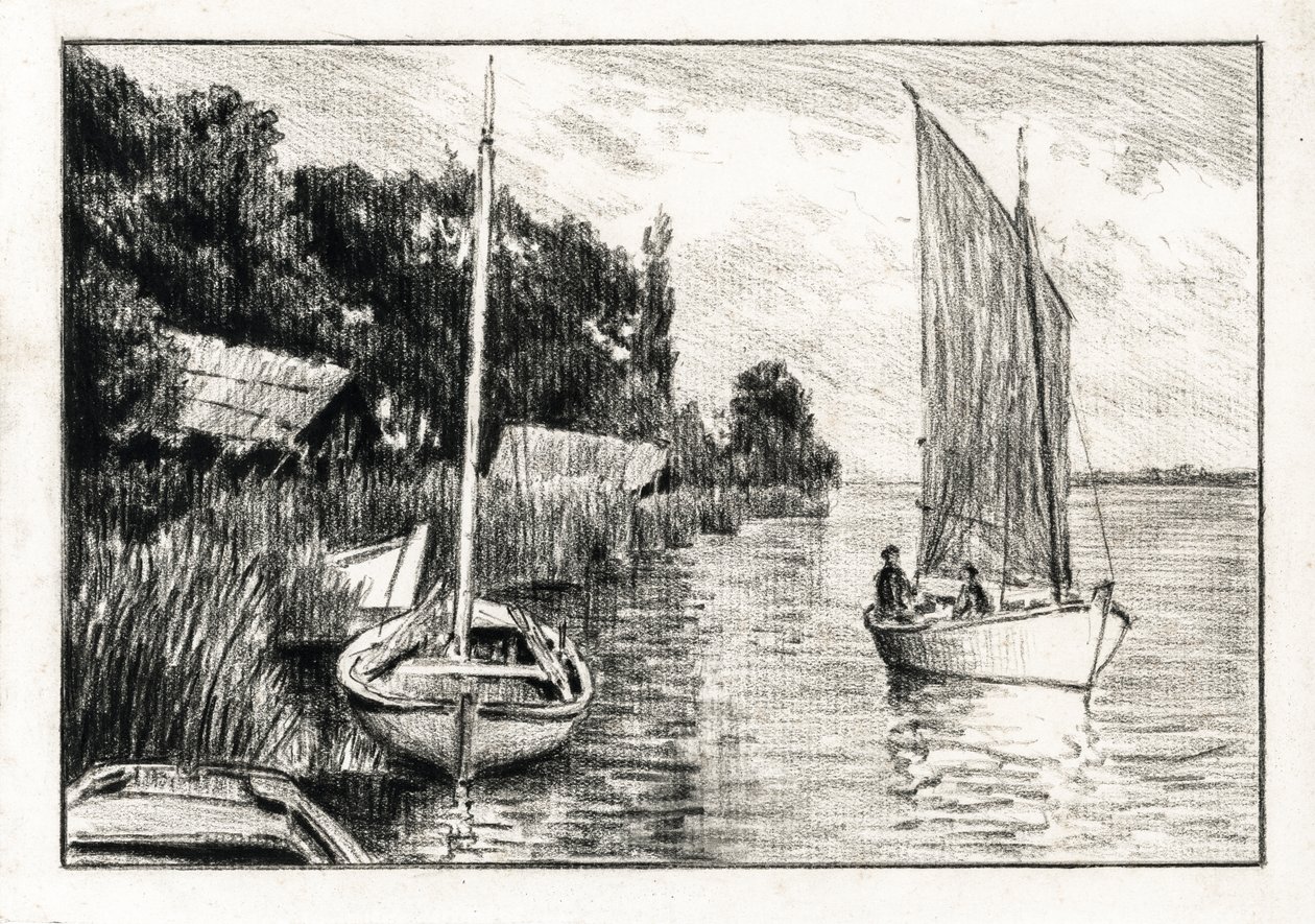 Boten op het estuarium van de Gironde (houtskool) door Raymond Bonnefon