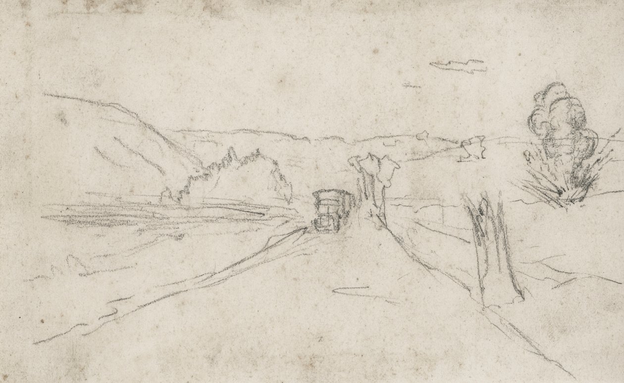 weg met vrachtwagens en explosies in een veld, c1914-18 (tekening) door Raymond Bonnefon