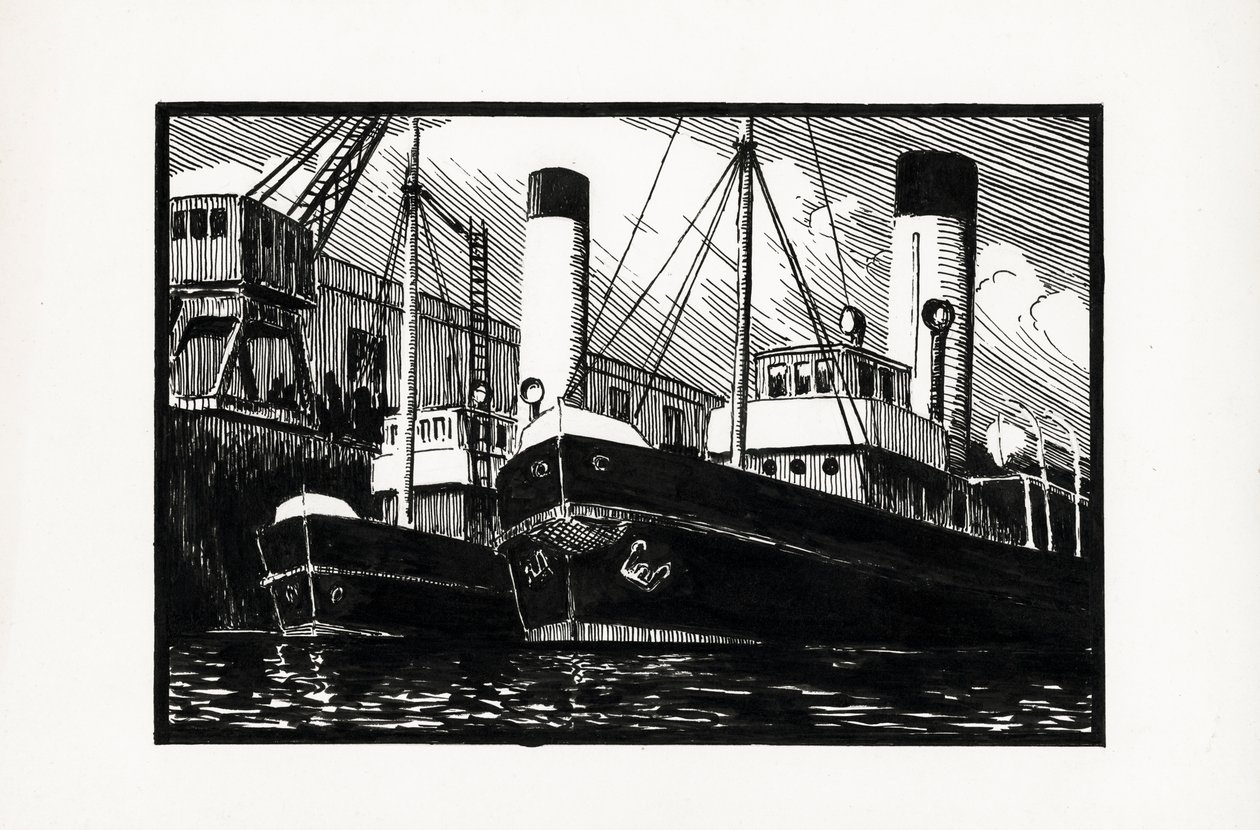 schepen aangemeerd in de haven van Bordeaux (linoleumsnede) door Raymond Bonnefon