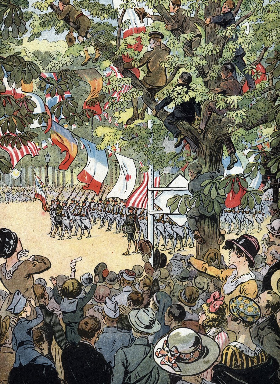 Eerste Wereldoorlog: De Defilé van Overwinning op de Avenue des Champs-Elysees in Parijs op 14/07/1919: Franse mariniers bewonderd door de menigte Parijzenaars door Raymond de la Neziere