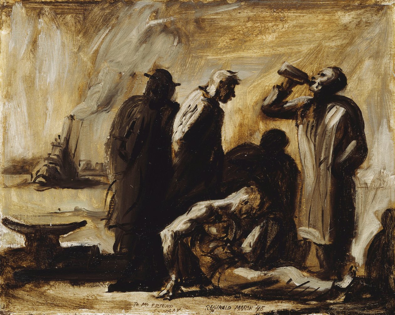 Zwervers op een pier in New York door Reginald Marsh