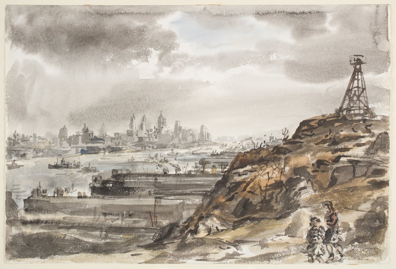 New York vanuit Weehawken (aquarel over grafiet op papier) door Reginald Marsh