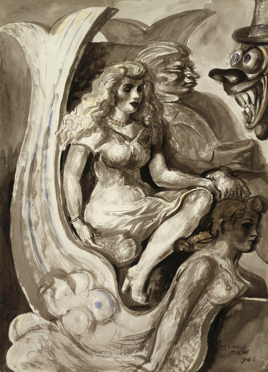 Ruiters in een zeemeermin tunnelboot: Een dubbelzijdige aquarel door Reginald Marsh