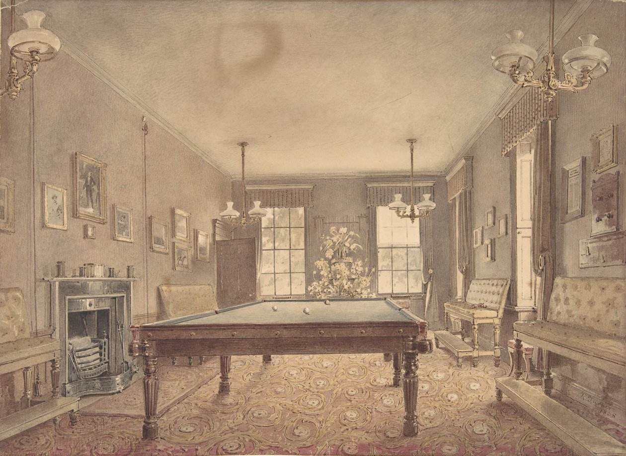 Interieur van de biljartkamer in Lupton House, Devonshire, ontworpen door George door Reid Turner