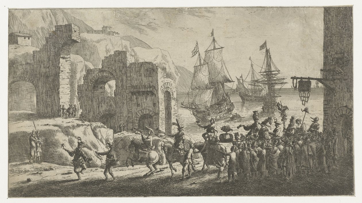 Maskerade bij een haven door Reinier Nooms (attributed to)